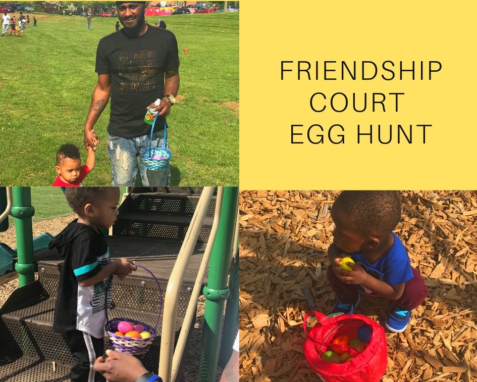 Collage image showing three pictures  of young children and one adult attending the Easter egg hunt at Friendship Court.
