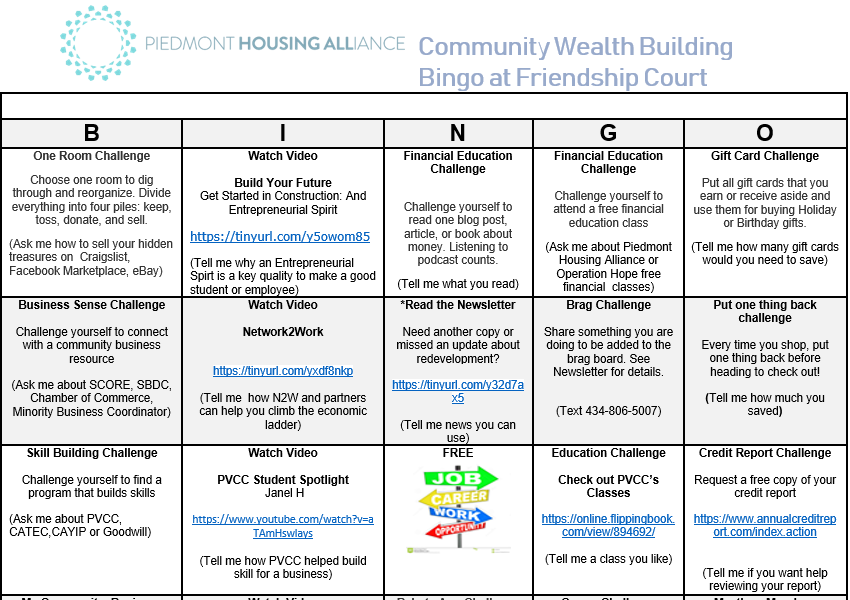 Picture of top of the December bingo board