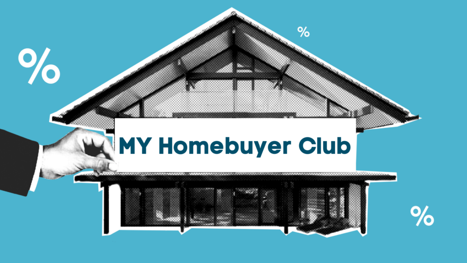 blue background, black and white house with a hang holding a sign out front that reads "MY Homebuyer Club"; percent signs scattered around the house